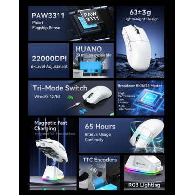 Миша бездротова ігрова Attack Shark X11 PAW3311 22000 DPI 2,4G+Bluetooth White Миша бездротова ігрова Attack Shark X11 PAW3311 22000 DPI 2,4G+Bluetooth White