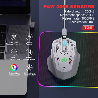 Миша бездротова HYSJ Т38 з акумулятором та підсвічуванням 2,4G Bluetooth White Миша бездротова HYSJ Т38 з акумулятором та підсвічуванням 2,4G Bluetooth White