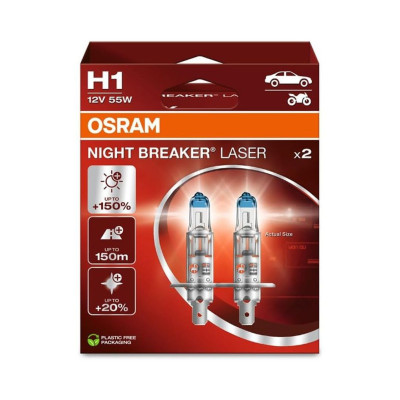 Комплект галогенових ламп Osram 64150NL-2HB H1 Night Breaker Laser NG +150% 55W 12V P14,5s 2 шт Теплий білий Комплект галогенових ламп Osram 64150NL-2HB H1 Night Breaker Laser NG +150% 55W 12V P14,5s 2 шт Теплий білий