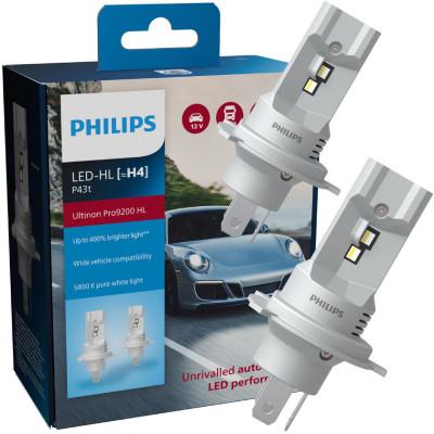 Комплект светодиодных ламп Philips H4 P43t 11342U92X2 LED Ultinon Pro9200 +400% 12/24V 2 шт Белый