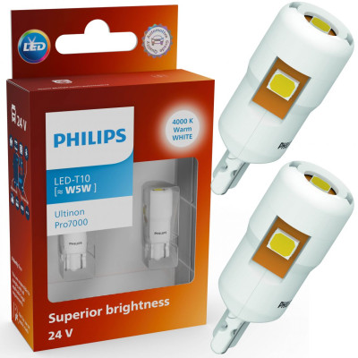Комплект світлодіодних ламп Philips 24961WU70X2 W5W T10 LED Ultinon Pro7000 W2.1X9.5d 4000K 24V 2 шт Теплий білий Комплект світлодіодних ламп Philips 24961WU70X2 W5W T10 LED Ultinon Pro7000 W2.1X9.5d 4000K 24V 2 шт Теплий білий