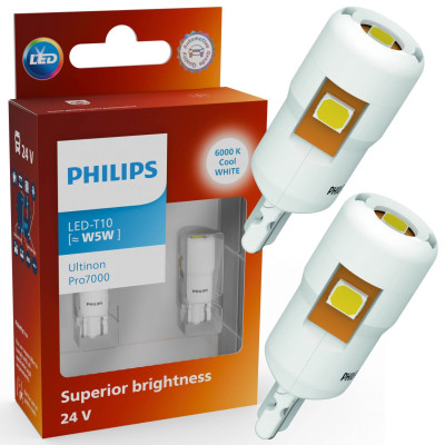 Комплект світлодіодних ламп Philips 24961CU70X2 W5W T10 LED Ultinon Pro7000 W2.1X9.5d 6000K 24V 2 шт Білий Комплект світлодіодних ламп Philips 24961CU70X2 W5W T10 LED Ultinon Pro7000 W2.1X9.5d 6000K 24V 2 шт Білий