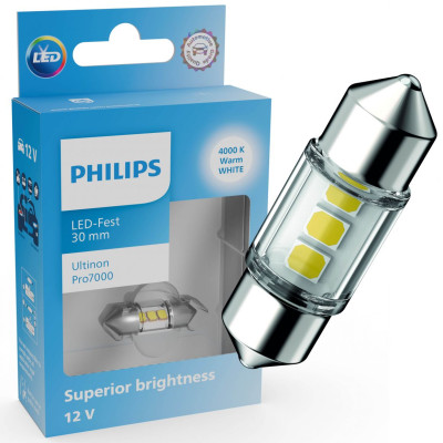 Світлодіодна лампа Philips 11860WU70X1 C5W LED Ultinon Pro7000 Festoon SV8.5 4000K 30mm 12V Теплий білий Світлодіодна лампа Philips 11860WU70X1 C5W LED Ultinon Pro7000 Festoon SV8.5 4000K 30mm 12V Теплий білий
