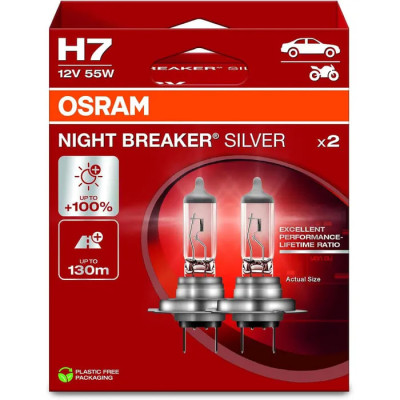 Комплект галогенових ламп Osram 64210NBS-2HB H7 Night Breaker Silver +100% 55W 12V PX26d 2 шт Жовтий Комплект галогенових ламп Osram 64210NBS-2HB H7 Night Breaker Silver +100% 55W 12V PX26d 2 шт Жовтий