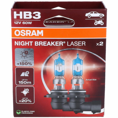 Комплект галогенових ламп Osram 9005NL-2HB HB3 Night Breaker Laser +150% 60W 12V P20d 2 шт Жовтий Комплект галогенових ламп Osram 9005NL-2HB HB3 Night Breaker Laser +150% 60W 12V P20d 2 шт Жовтий