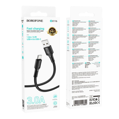 Кабель синхронизации Borofone BX116 Fast charging 3A USB to Type C 1 м Black (37163_3610593) Кабель синхронизации Borofone BX116 Fast charging 3A USB to Type C 1 м Black (37163_3610593)