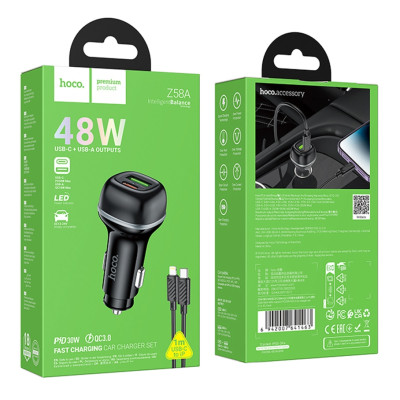 Автомобільний зарядний пристрій Hoco Z58A LED 1USB/1Type-C QC/PD48W Type-C to Lightning Black (36160_3606813) Автомобільний зарядний пристрій Hoco Z58A LED 1USB/1Type-C QC/PD48W Type-C to Lightning Black (36160_3606813)