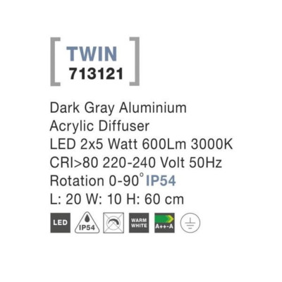 Уличный светильник Nova Luce Twin 20x10x60 см Серый (Nova713121) Уличный светильник Nova Luce Twin 20x10x60 см Серый (Nova713121)