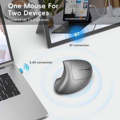 Вертикальная мышь беспроводная HYSJ Т22 с аккумулятором и RGB подсветкой 2,4G+Bluetooth Grey