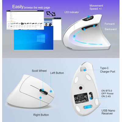 Вертикальная мышь беспроводная HYSJ Т22 с аккумулятором 2,4G+Bluetooth White Вертикальная мышь беспроводная HYSJ Т22 с аккумулятором 2,4G+Bluetooth White