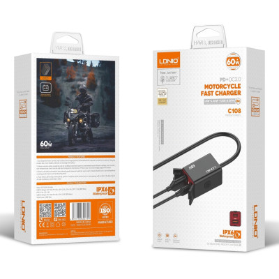 Мото зарядний пристрій LDNIO C108 1USB/1USB-C 60W Type-C to Type-C IPX6 Black (37453_3611853) Мото зарядний пристрій LDNIO C108 1USB/1USB-C 60W Type-C to Type-C IPX6 Black (37453_3611853)