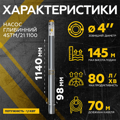 Насос глубинный Mytec 4STM/21 1100 H 145м Q 80л/мин 70 м (67939) Насос глубинный Mytec 4STM/21 1100 H 145м Q 80л/мин 70 м (67939)