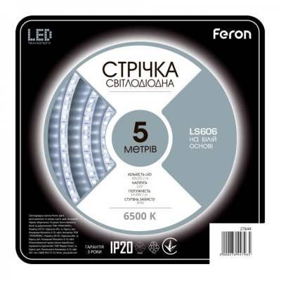 Світлодіодна led стрічка Feron LS606 12 В 6500К 14.4 Вт/м 5 м Білий (2692689608)