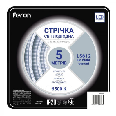 Led стрічка світлодіодна Feron LS612 9.6 Вт/м 12 В 6500K 5 м Білий (2692706889)