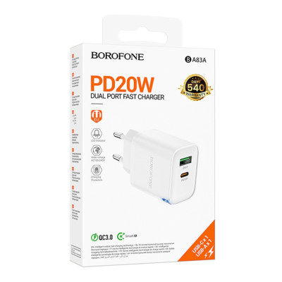 Мережевий зарядний пристрій Borofone BA83A Dual port fast charger set 1USB-C/1USB PD/QC 20W White (36174_3606865)