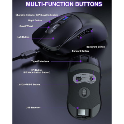 Мышь беспроводная игровая Aula SC580 PAW3325 12000 DPI 2,4G Bluetooth Black Мышь беспроводная игровая Aula SC580 PAW3325 12000 DPI 2,4G Bluetooth Black