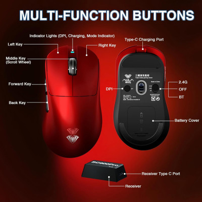 Миша бездротова ігрова AULA SC900 Pro PixArt PAW3395 8K 26000 DPI 2,4G Bluetooth Wired Red Миша бездротова ігрова AULA SC900 Pro PixArt PAW3395 8K 26000 DPI 2,4G Bluetooth Wired Red