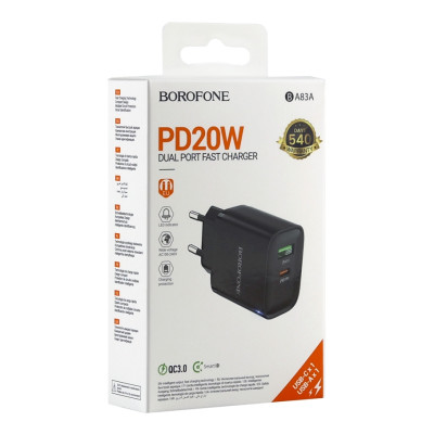 Мережевий зарядний пристрій Borofone BA83A Dual port fast charger set 1USB-C/1USB PD/QC 20W Black (36174_3606866) Мережевий зарядний пристрій Borofone BA83A Dual port fast charger set 1USB-C/1USB PD/QC 20W Black (36174_3606866)