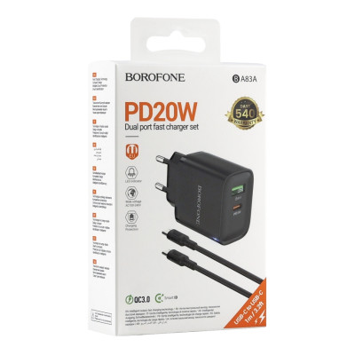 Зарядний пристрій Borofone BA83A Dual port PD20W/QC3.0 PPS 3.3-11V/1.8A 3A Type-C to Type-C Black (36176_3606870)