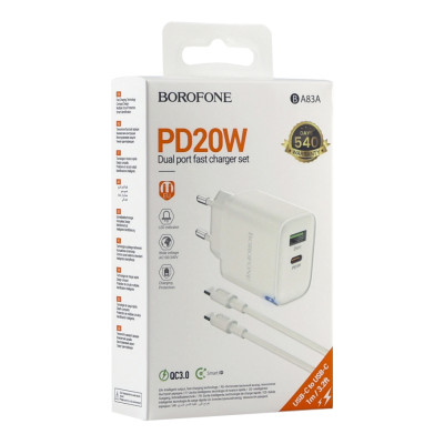 Зарядний пристрій Borofone BA83A PD20W/QC3.0 PPS 3.3-11V/1.8A 3A Type-C to Type-C White (36176_3606869) Зарядний пристрій Borofone BA83A PD20W/QC3.0 PPS 3.3-11V/1.8A 3A Type-C to Type-C White (36176_3606869)