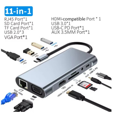 Хаб док станція для ноутбука No Brand 11в1 USB Type-C Grey (SH0000384) Хаб док станція для ноутбука No Brand 11в1 USB Type-C Grey (SH0000384)