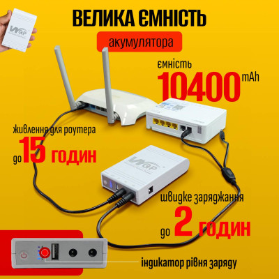Безперебійник mini ups WGP ДБЖ повербанк для wi fi роутерів 5v 9v 12v 10400 mAh Білий Безперебійник mini ups WGP ДБЖ повербанк для wi fi роутерів 5v 9v 12v 10400 mAh Білий
