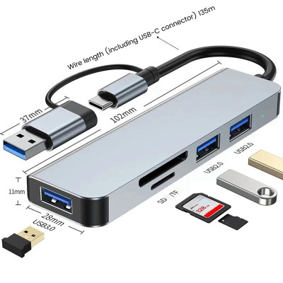 Концентратор хаб Digital USB Type-C/USB-A 5в1 USB 3.0 SD/TF Серый (HUB-5IN1)
