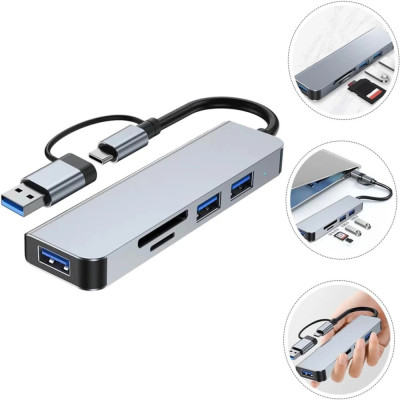 Концентратор хаб Digital USB Type-C/USB-A 5в1 USB 3.0 SD/TF Серый (HUB-5IN1)