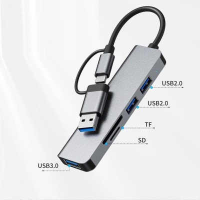 Концентратор хаб Digital USB Type-C/USB-A 5в1 USB 3.0 SD/TF Серый (HUB-5IN1)