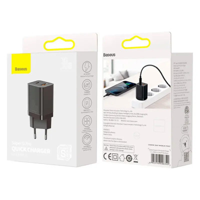 Зарядний пристрій BASEUS CCSUP-E Super Si Pro Quick Charger 30W 1USB-A/1Type-C PD 3.0/QC 3.0 Black (00000062885_1) Зарядний пристрій BASEUS CCSUP-E Super Si Pro Quick Charger 30W 1USB-A/1Type-C PD 3.0/QC 3.0 Black (00000062885_1)