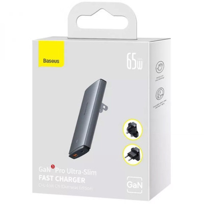 Зарядний пристрій BASEUS CCGP15011 GaN5 Pro Ultra-Slim QC 3.0/PD 65W 1USB-A/1Type-C Gray (00000069253_1) Зарядний пристрій BASEUS CCGP15011 GaN5 Pro Ultra-Slim QC 3.0/PD 65W 1USB-A/1Type-C Gray (00000069253_1)