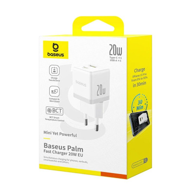 Зарядний пристрій BASEUS P10111608 Palm Fast Charger 20W 1USB-A/1Type-C Moon White (00000078028_2) Зарядний пристрій BASEUS P10111608 Palm Fast Charger 20W 1USB-A/1Type-C Moon White (00000078028_2)