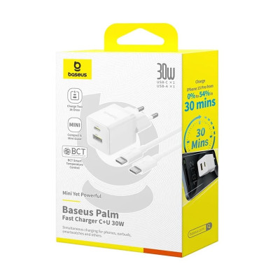 Зарядний пристрій BASEUS P1011160A Palm Fast Charger 30W 1USB-A/1Type-C Moon White (00000078029_2) Зарядний пристрій BASEUS P1011160A Palm Fast Charger 30W 1USB-A/1Type-C Moon White (00000078029_2)