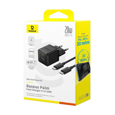 Зарядний пристрій BASEUS P10111608 Palm Fast Charger 20W 1USB-A/1Type-C Cluster Black (00000078028_1) Зарядний пристрій BASEUS P10111608 Palm Fast Charger 20W 1USB-A/1Type-C Cluster Black (00000078028_1)