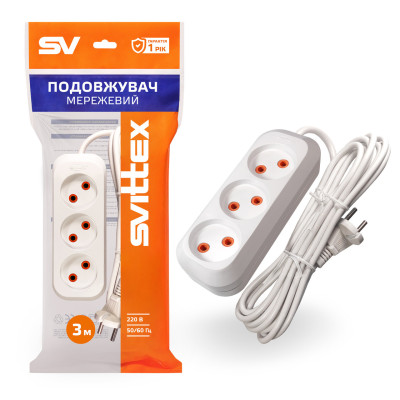 Подовжувач Svittex 3 розетки 2х0,75 мм² 2200Вт 10А 250В 3 м Білий (SV-008-3)