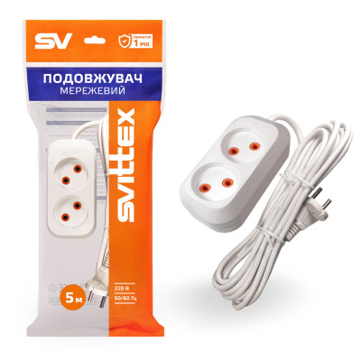 Подовжувач Svittex 2 розетки 2х0,75 мм 2200Вт 10А 250В 5 м Білий (SV-009-5)