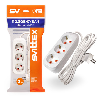Подовжувач Svittex 3 розетки 3х1 мм 2500Вт 16А 250В 2 м Білий (SV-010-2)