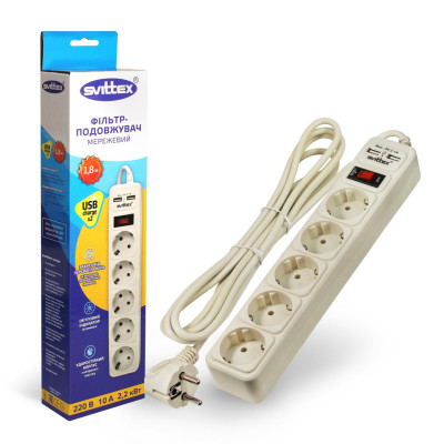 Мережевий фільтр-подовжувач Svittex 2*USB 5V 2.1A 5 розеток 2200Вт 250В 10А 1,8 м Білий (SV-023)