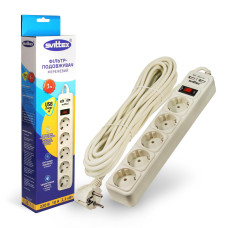 Сетевой фильтр-удлинитель Svittex 2*USB 5V 2.1A 5 розеток 2200Вт 250В 10А 3 м Белый (SV-024)