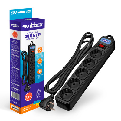 Мережевий фільтр-подовжувач Svittex 5 розеток 2200Вт 250В 10А 1,8 м Чорний (SV-001-В)
