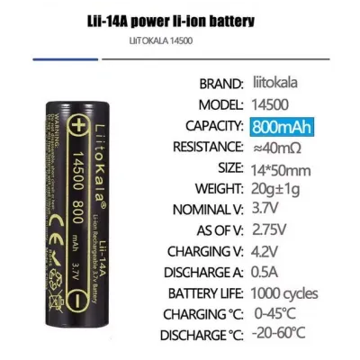 Аккумулятор AA 14500 LiitoKala Lii-14A 800 mAh Li-Ion 3.7V (19318-hbr) Аккумулятор AA 14500 LiitoKala Lii-14A 800 mAh Li-Ion 3.7V (19318-hbr)
