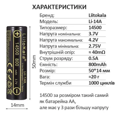 Аккумулятор AA 14500 LiitoKala Lii-14A 800 mAh Li-Ion 3.7V (19318-hbr) Аккумулятор AA 14500 LiitoKala Lii-14A 800 mAh Li-Ion 3.7V (19318-hbr)