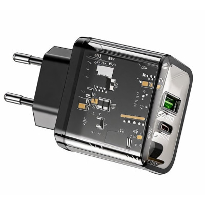 Зарядний пристрій Hoco N34 20W PD QC 3.0 USB-C + USB-A Transparent Black (2104619567)