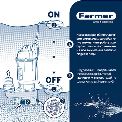 Насос фекальний з подрібнювачем Farmer WQD 1100 + шланг 20м + хомут (68702) Насос фекальний з подрібнювачем Farmer WQD 1100 + шланг 20м + хомут (68702)