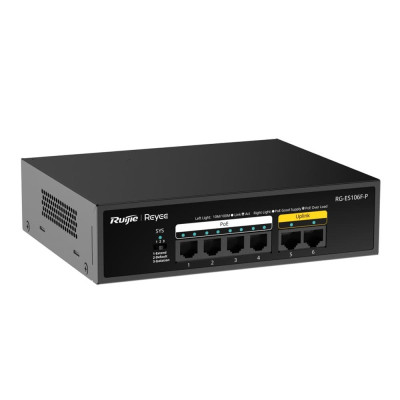 Комутатор 6 портів некерований Ruijie Reyee RG-ES106F-P PoE Чорний (13166) Комутатор 6 портів некерований Ruijie Reyee RG-ES106F-P PoE Чорний (13166)