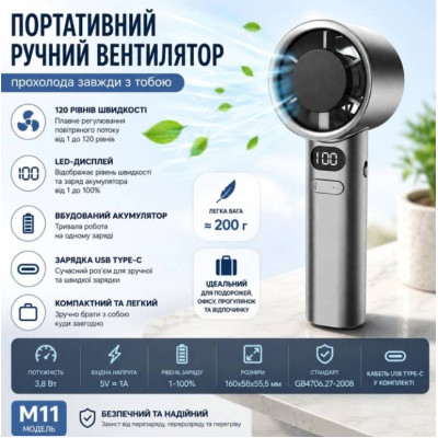 Ручний вентилятор Urbankit BreezeGo M11 LED USB Type-C 120 швидкостей Сірий (M11) Ручний вентилятор Urbankit BreezeGo M11 LED USB Type-C 120 швидкостей Сірий (M11)