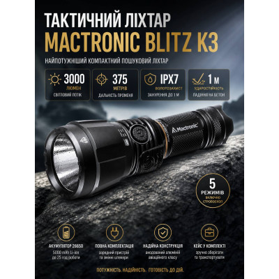 Фонарь тактический Mactronic Blitz K3 THS0021 172x62x62 мм Черный (DAS1511) Фонарь тактический Mactronic Blitz K3 THS0021 172x62x62 мм Черный (DAS1511)