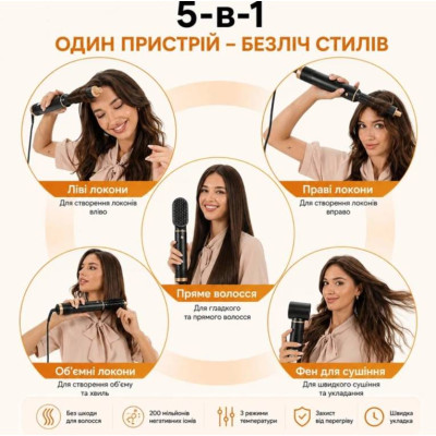 Стайлер для волос Urbankit 5в1 WT-638 1000 Вт Черно-золотистый (WT-638) Стайлер для волос Urbankit 5в1 WT-638 1000 Вт Черно-золотистый (WT-638)
