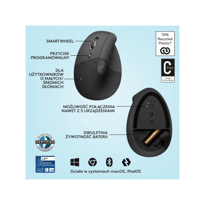 Logitech Lift Left Vertical Ergonomic Wireless/Bluetooth Graphite (910-006474)