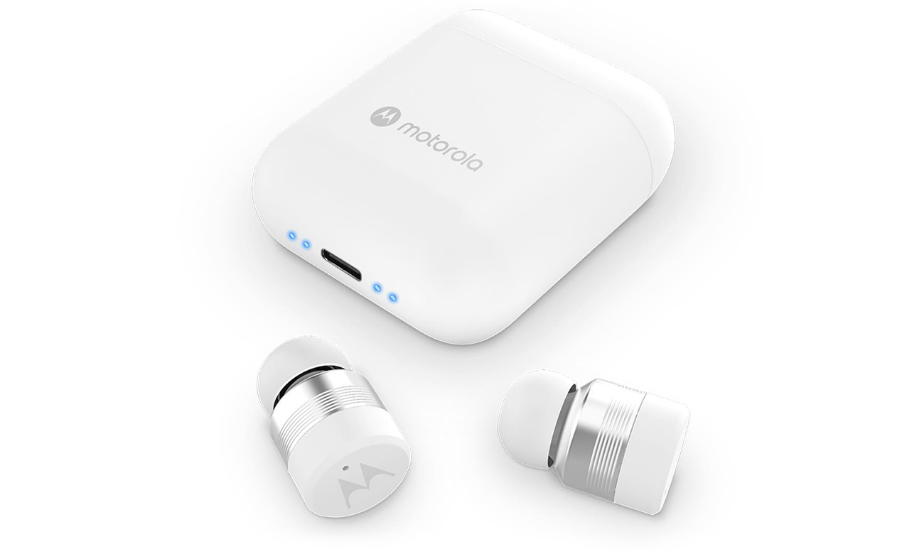 Беспроводные наушники Motorola Moto Buds 120 White – общий вид с закрытым зарядным футляром